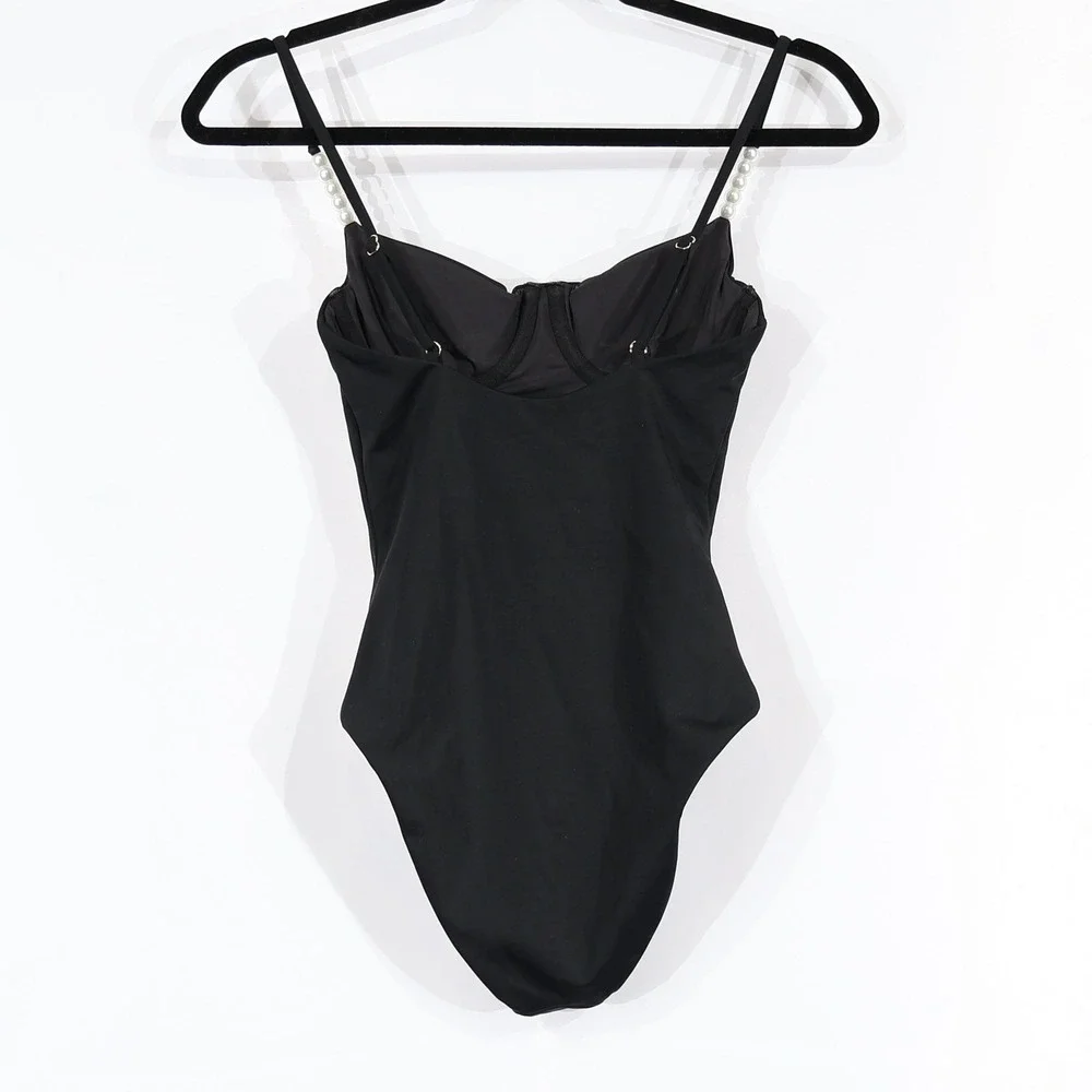 AQUA One Piece Swimsuit Women‎ L Black Pearl Strap Underwire Resort $108 NWOT